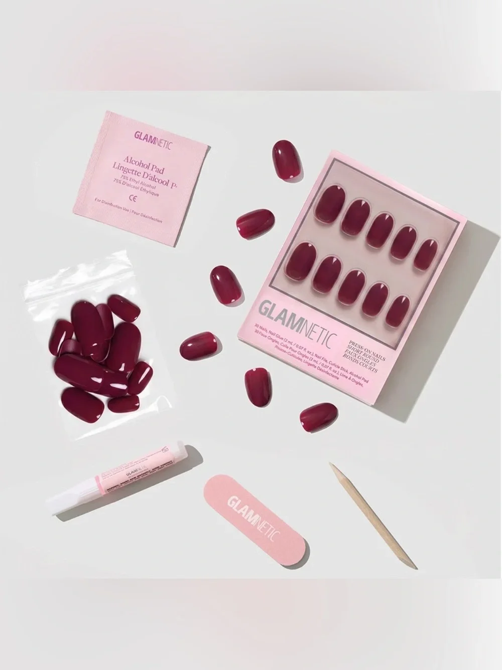 Glamnetic Short Round Berry Maroon Glue On Nails